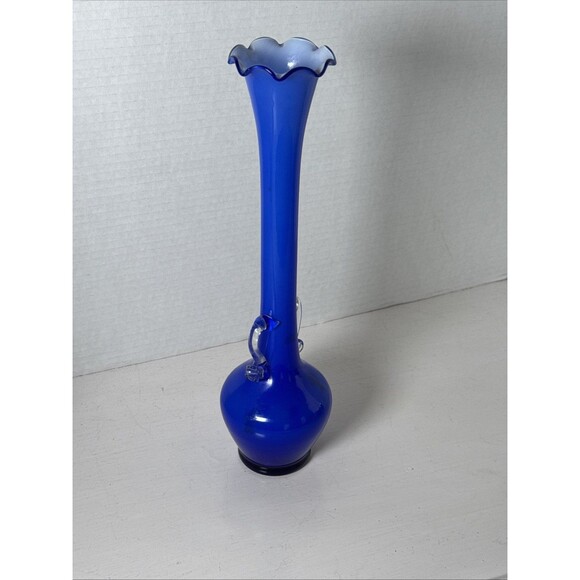 12” Tall 1950’s Handled Blue Glass Bud Vase Clear Handles White Interior - Picture 7 of 9